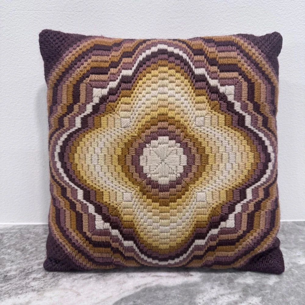 Vintage 1970s 4-Way Bargello Needlepoint Pillow Kaleidoscope Mid Century Boho